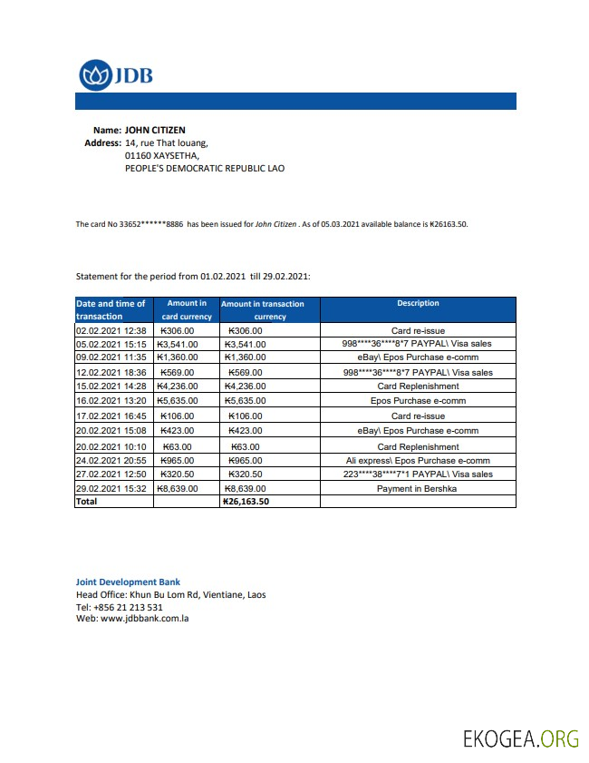 Déclaration de la Banque commune de développement du Laos (JDB) modèle facile à remplir au format de fichier .xls et .pdf